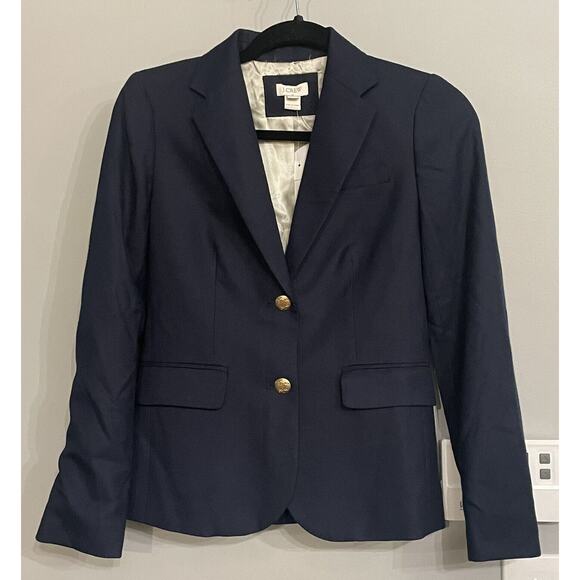 J. Crew Blazer Classic‎ Navy Gold Schoolboy Wool Stretch Blazer Jacket Sz 00 New - Picture 1 of 12